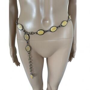 Vintage Boho Western Spiral Medallion Chain Belt Silver Tone Cream Enamel Y2K